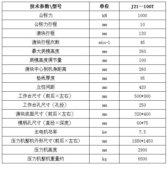 100t固定台冲床技术参数